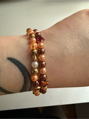 Handmade Mom & Daughter Matching Beaded Stretch Bracelet Set - Orange and Gold